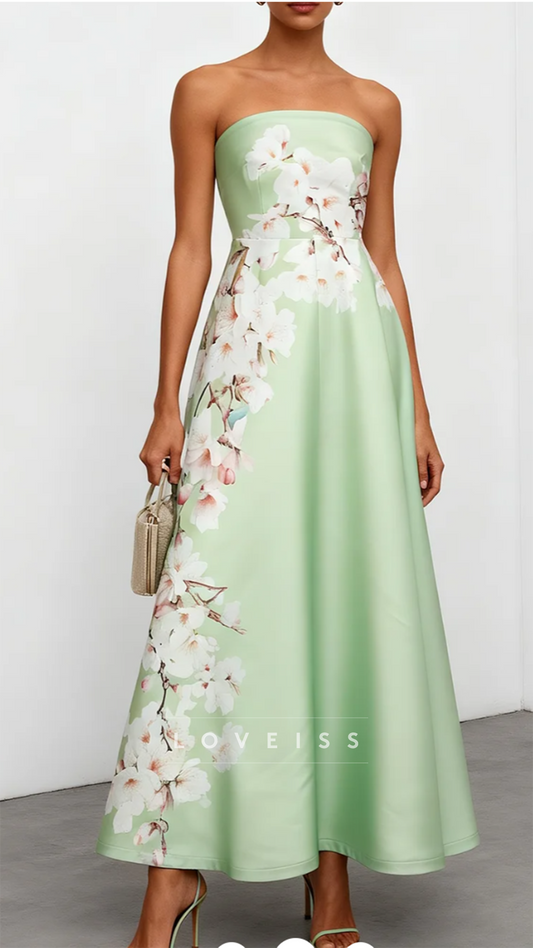 Straight Across Floral Printed A-Line Satin Weddiing Guest Dress