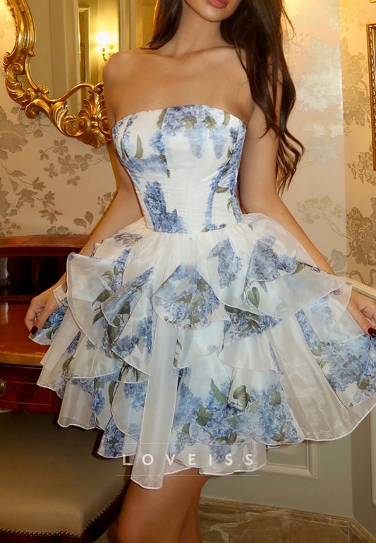 Straight Across Floral Printed Ruffled A-Line Party Homecoming Dress