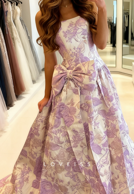 Straight Across Floral Printed Satin Prom Dress