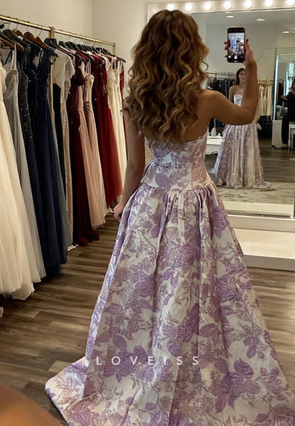 Straight Across Floral Printed Satin Prom Dress