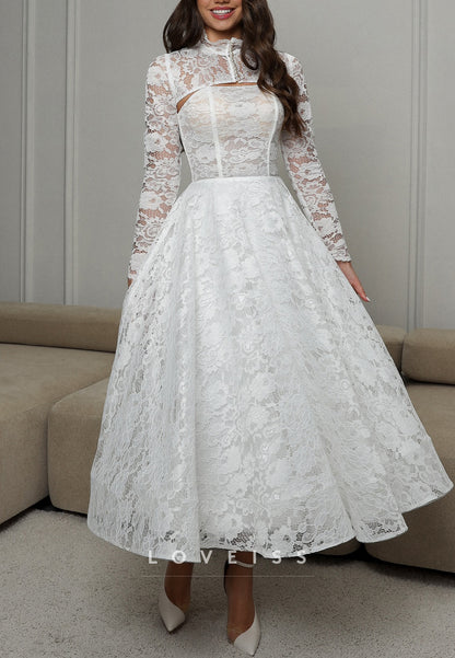 Straight Across Lace Appliques A-Line Midi Wedding Dress