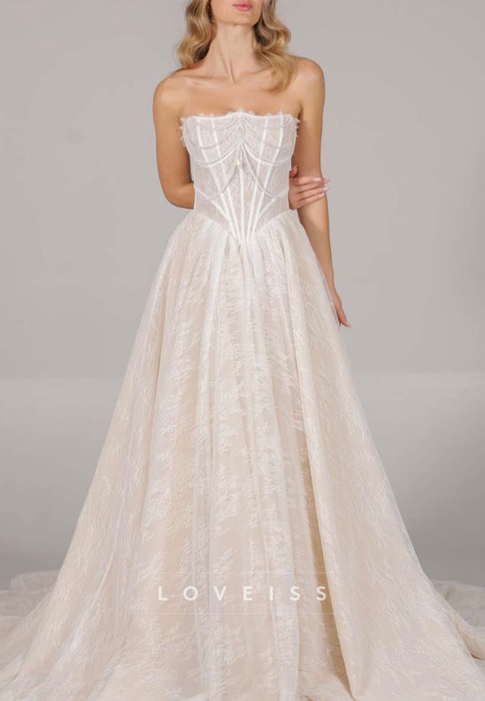 Straight Across Lace Appliques Pearl A-Line Wedding Dress