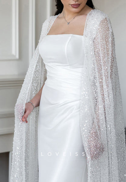 Straight Across Long Sleeves Beaded Embroidery Sheath Wedding Dress