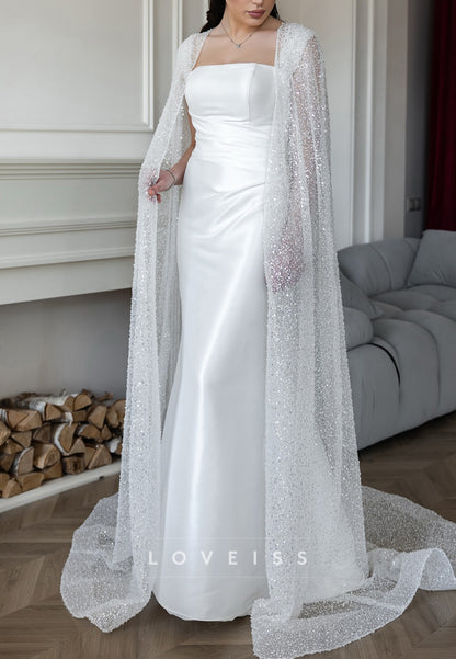 Straight Across Long Sleeves Beaded Embroidery Sheath Wedding Dress