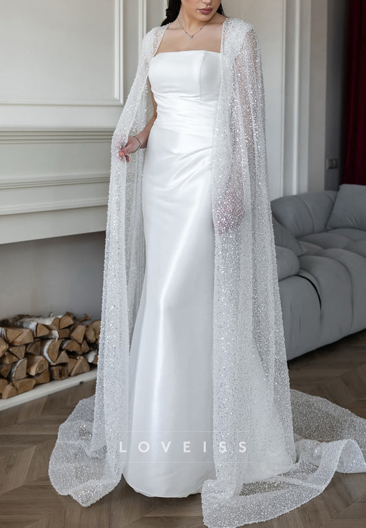 Straight Across Long Sleeves Beaded Embroidery Sheath Wedding Dress