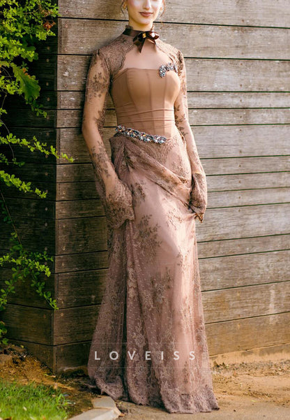 Straight Across Long Sleeves Lace Appliques Sheath Prom Dress