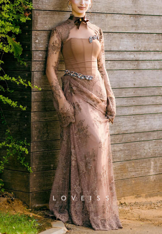 Straight Across Long Sleeves Lace Appliques Sheath Prom Dress