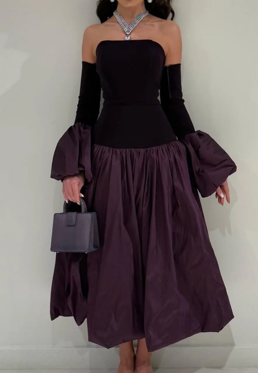 Straight Across Long Sleeves Pleated A-Line Evening Dress