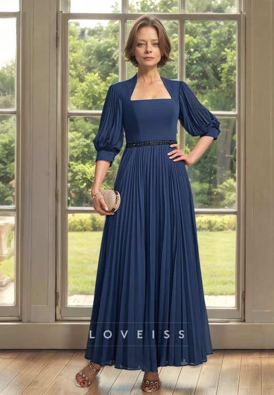 Straight Across Long Sleeves Pleated A-Line Mother of Bride Dress