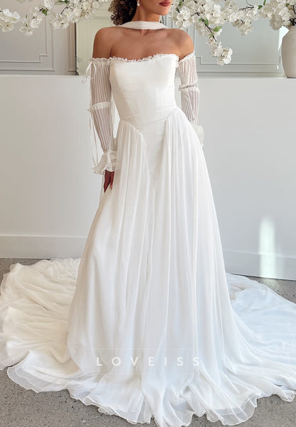 Straight Across Long Sleeves Pleated A-Line Wedding Dress