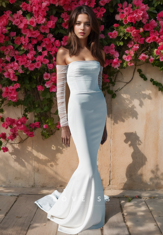 Straight Across Long Sleeves Sleek Mermaid Wedding Dress