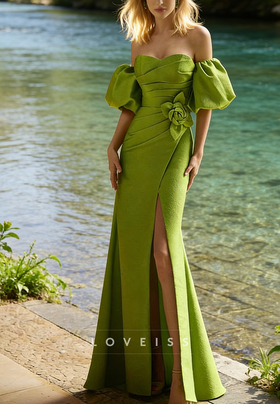 Straight Across Mother of Bridee Dress  Puff Sleeves Mermaid Evening Dress