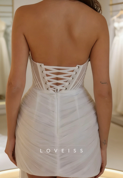 Straight Across Pearl Pleated A-Line Short Wedding Dress