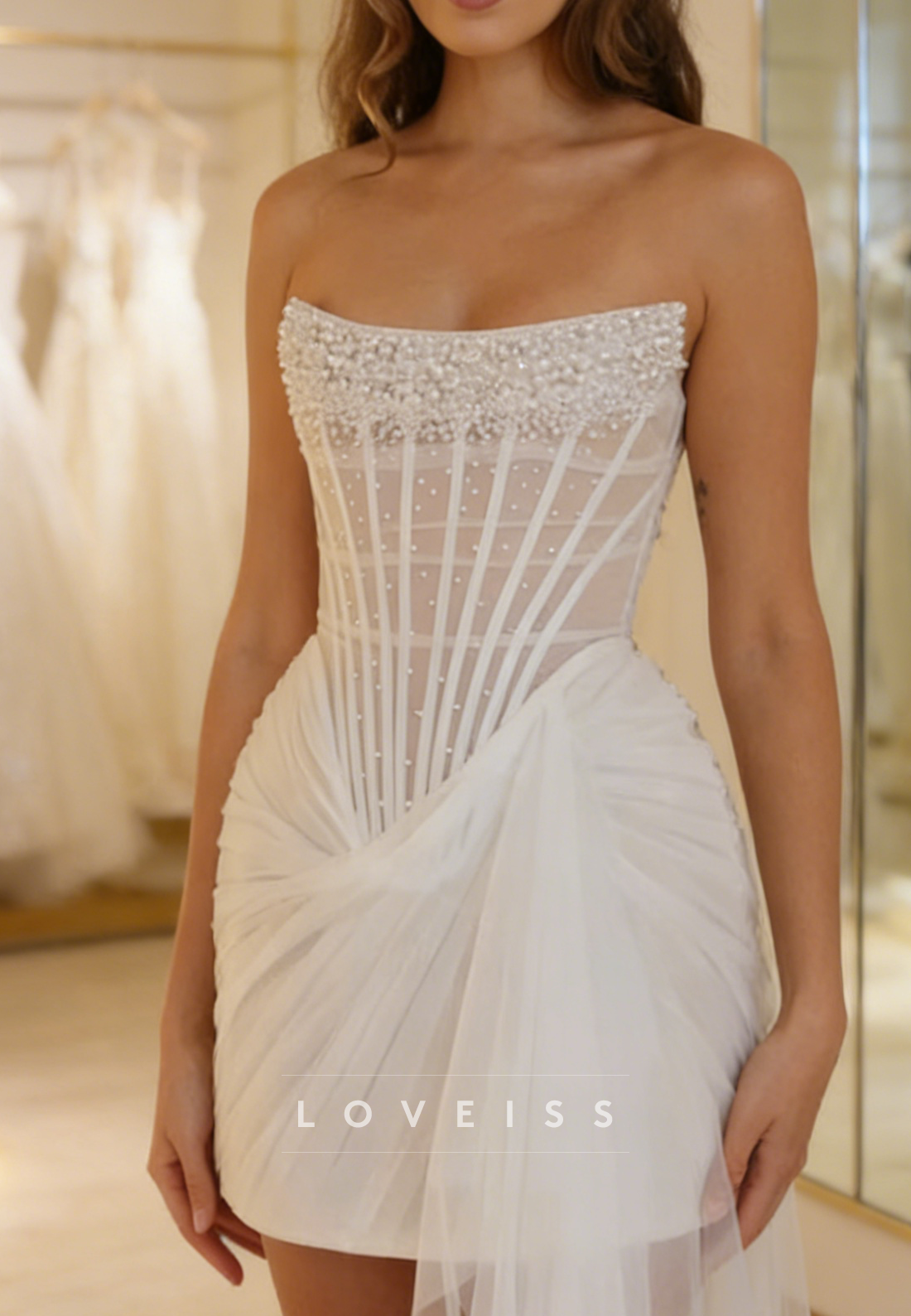 Straight Across Pearl Pleated A-Line Short Wedding Dress