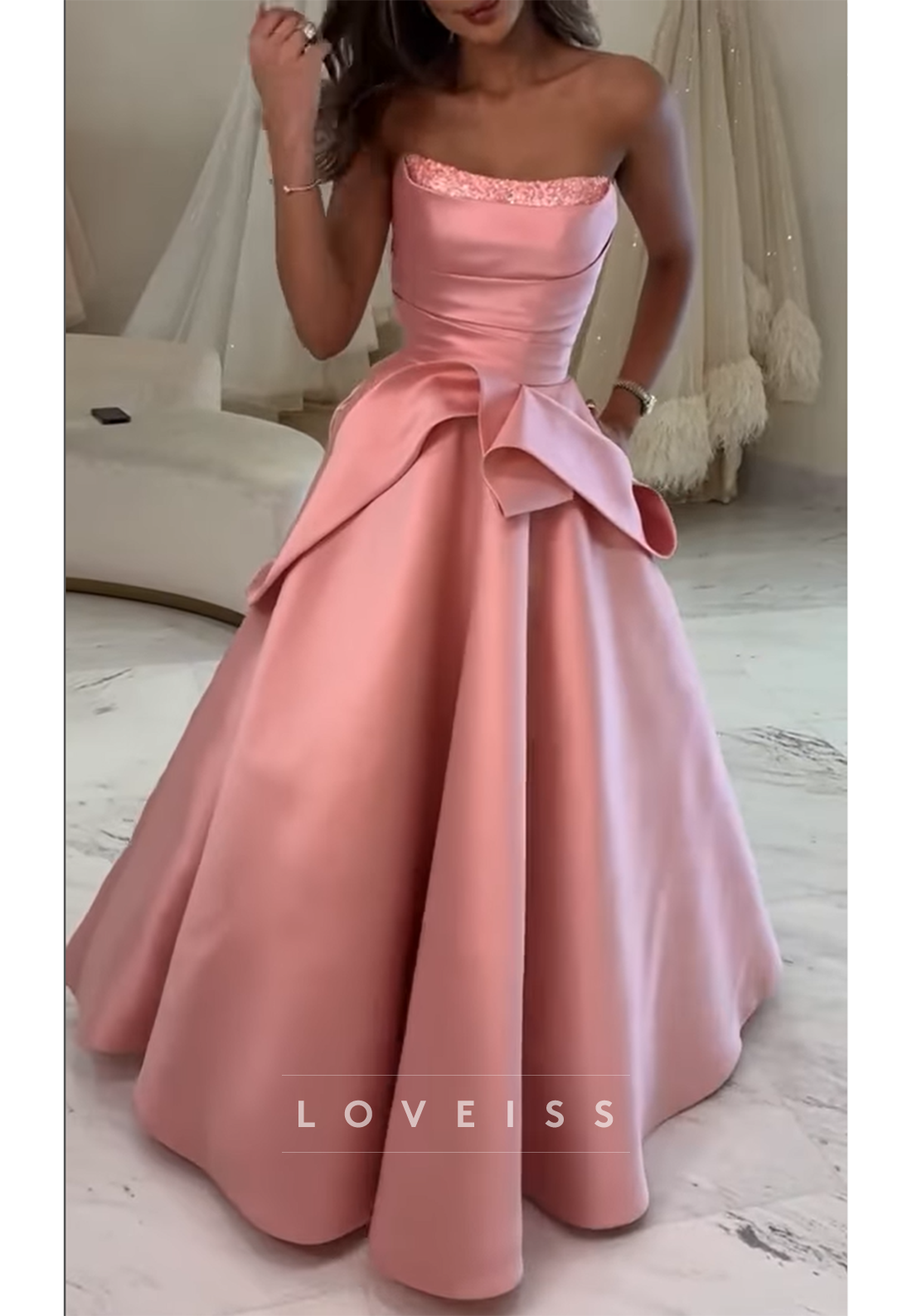 Straight Across Pleated Satin A-Line Prom Dress