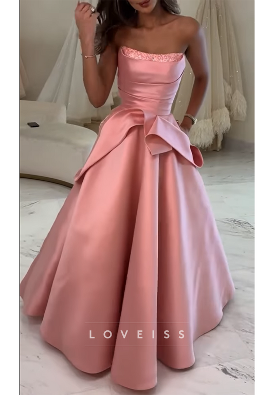 Straight Across Pleated Satin A-Line Prom Dress