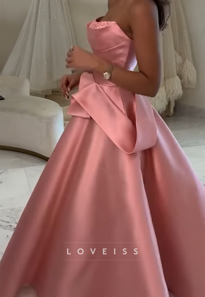 Straight Across Pleated Satin A-Line Prom Dress