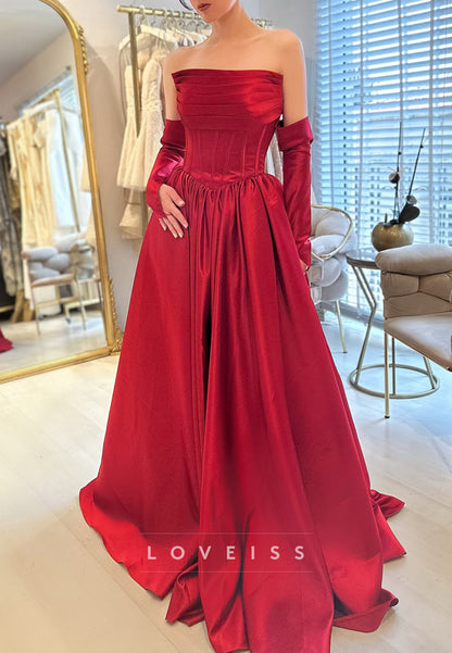 Straight Across Pleated Satin A-Line Red Evening Dress