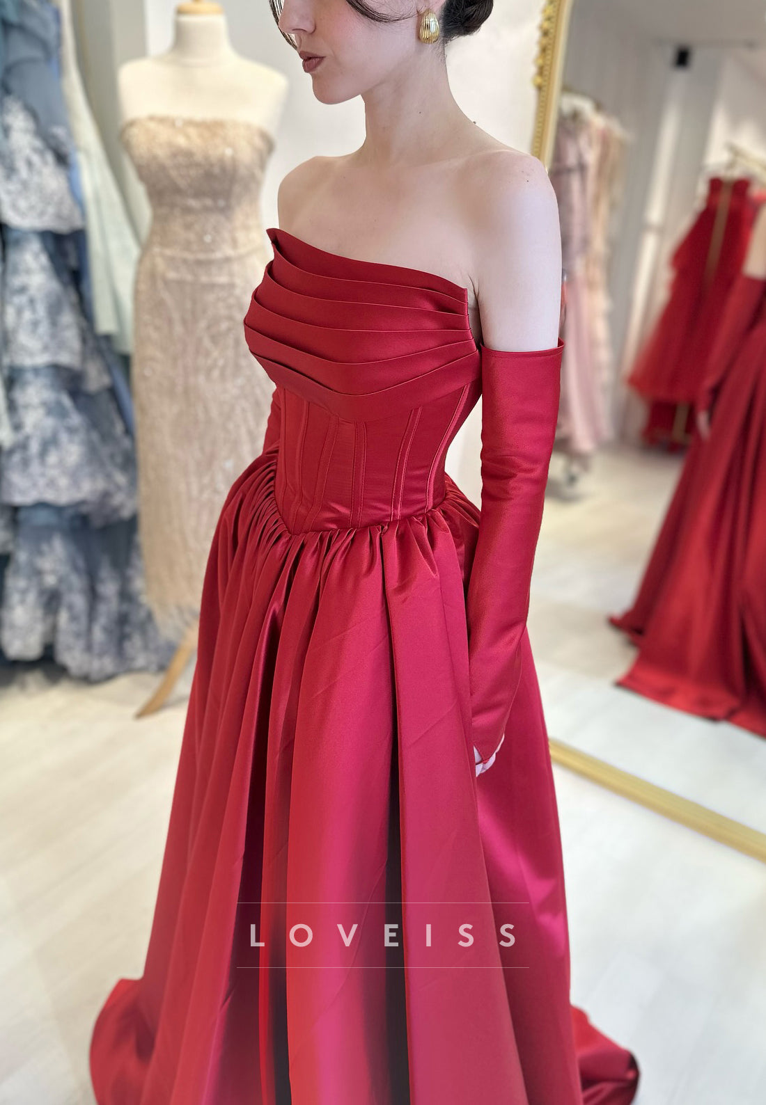 Straight Across Pleated Satin A-Line Red Evening Dress