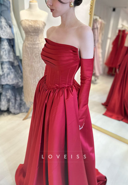 Straight Across Pleated Satin A-Line Red Evening Dress