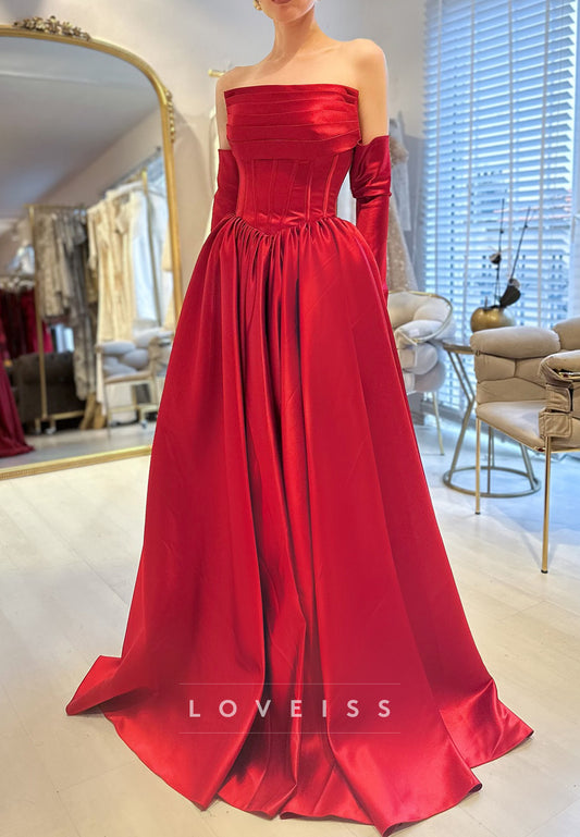 Straight Across Pleated Satin A-Line Red Evening Dress