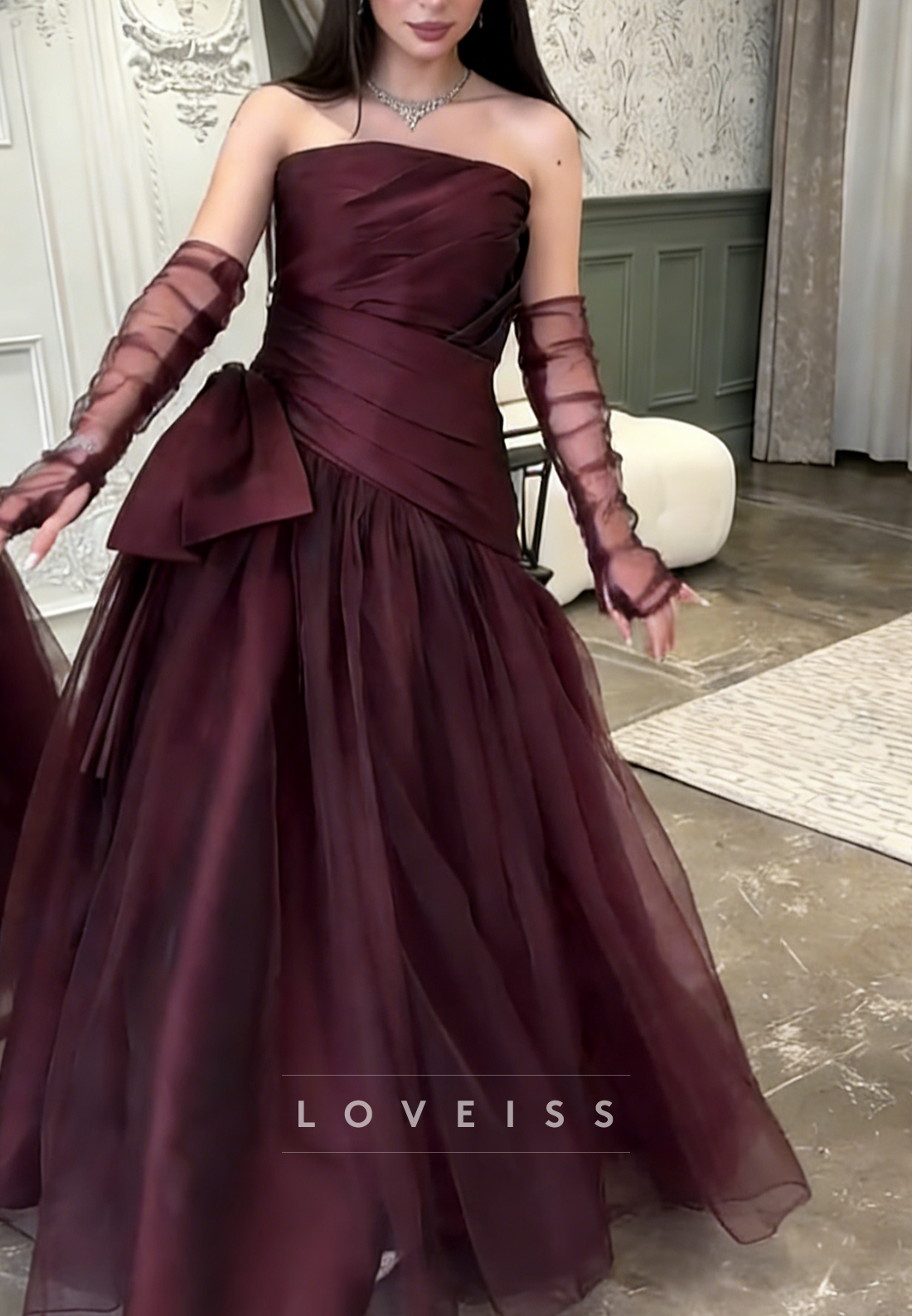 Straight Across Pleated Sleeveless A-Line Evening Dress
