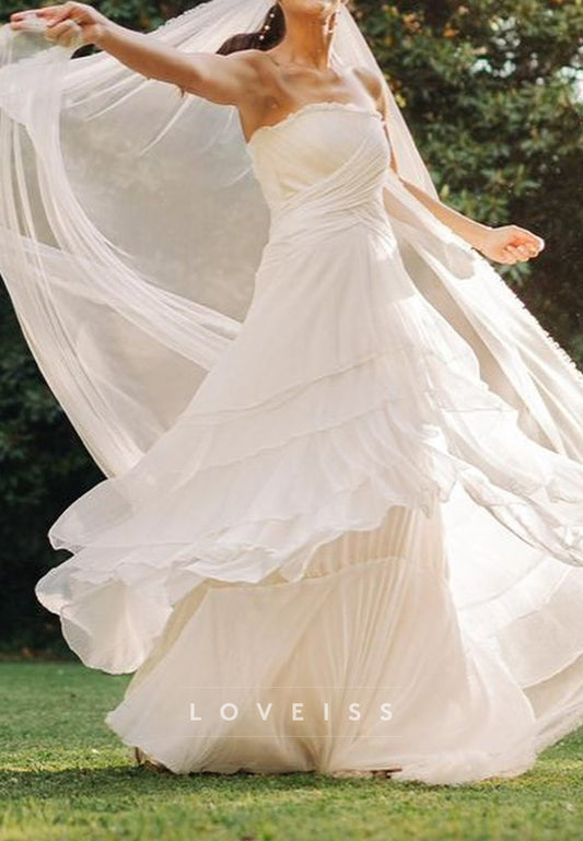Straight Across Pleated Tiered A-Line Flowy Wedding Dress