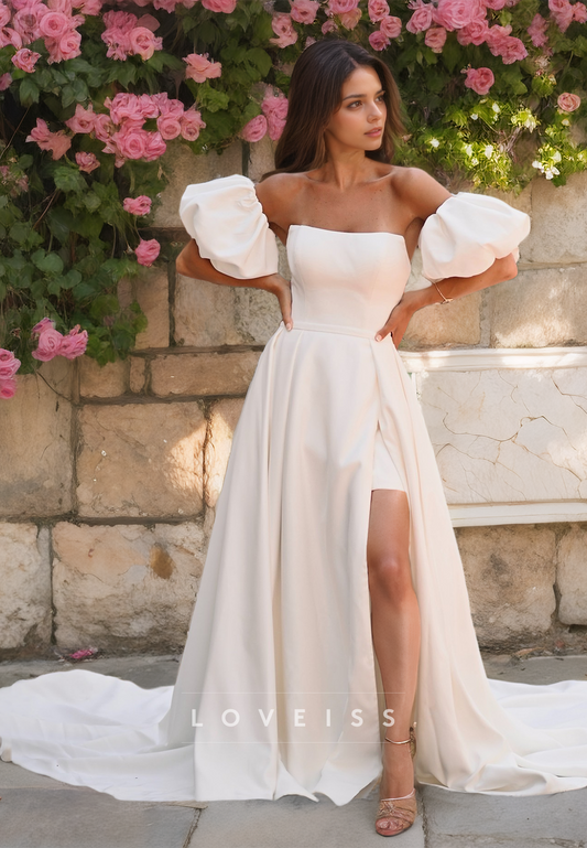 Straight Across Puff Sleeves Removable Train Short Beach Wedding Dress