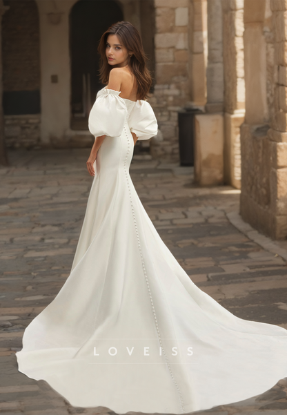 Straight Across Puff Sleeves Sleek Mermiad Wedding Dress