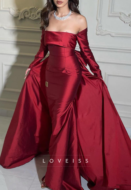 Straight Across Red Satin Long Sleeves Mermaid Evening Dress