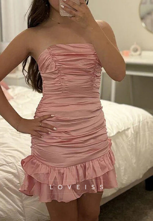 Straight Across Ruffled Pleated Sheath Party Homecoming Dress