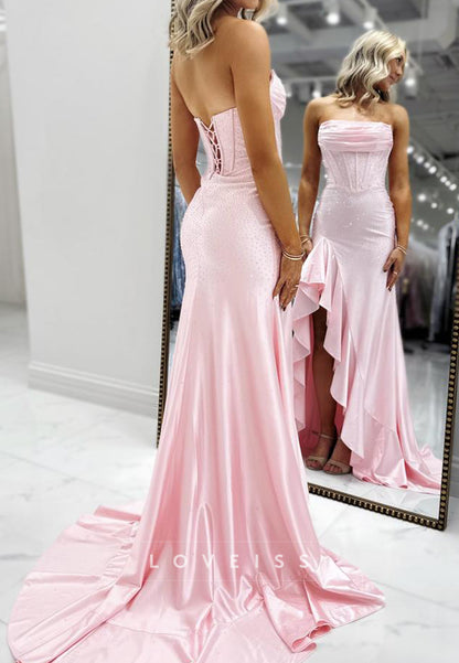 Straight Across Ruffles Side Slit Mermaid Prom Dress