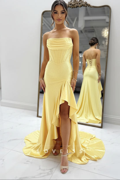 Straight Across Ruffles Side Slit Mermaid Prom Dress