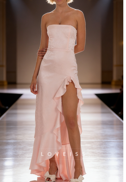 Straight Across Ruffles Side Slit Sheath Prom Dress