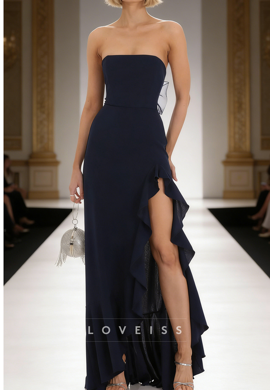 Straight Across Ruffles Side Slit Sheath Prom Dress