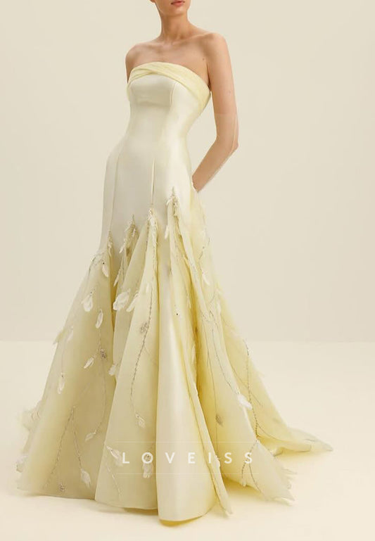 Straight Across Satin Feather Embellished Mermaid Evening Dress