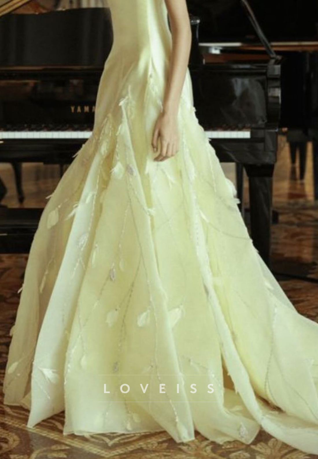 Straight Across Satin Feather Embellished Mermaid Evening Dress
