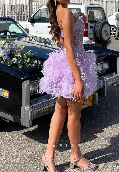 Straight Across Sequins Feathered A-Line Party Homecoming  Dress