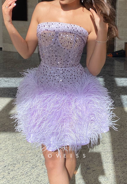 Straight Across Sequins Feathered A-Line Party Homecoming  Dress