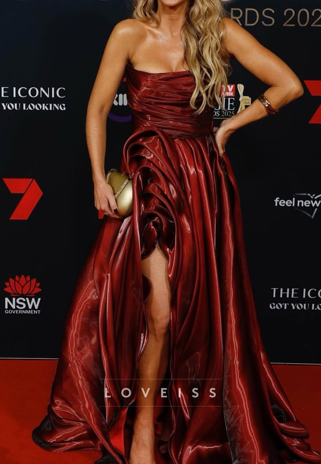 Straight Across Side Slit Satin A-Line Sleek Evening Dress