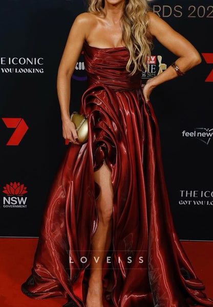 Straight Across Side Slit Satin A-Line Sleek Evening Dress