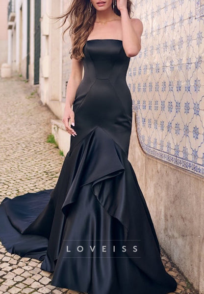 Straight Across Sleek Satin Fitted Black Wedding Dress