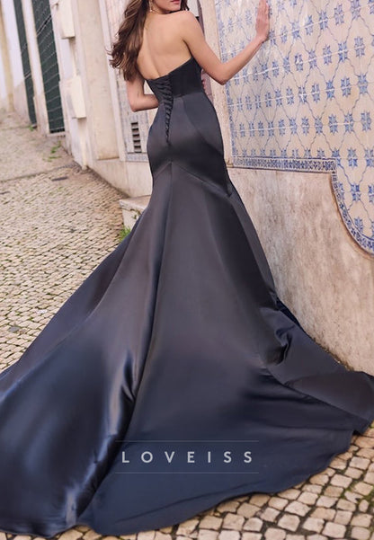 Straight Across Sleek Satin Fitted Black Wedding Dress