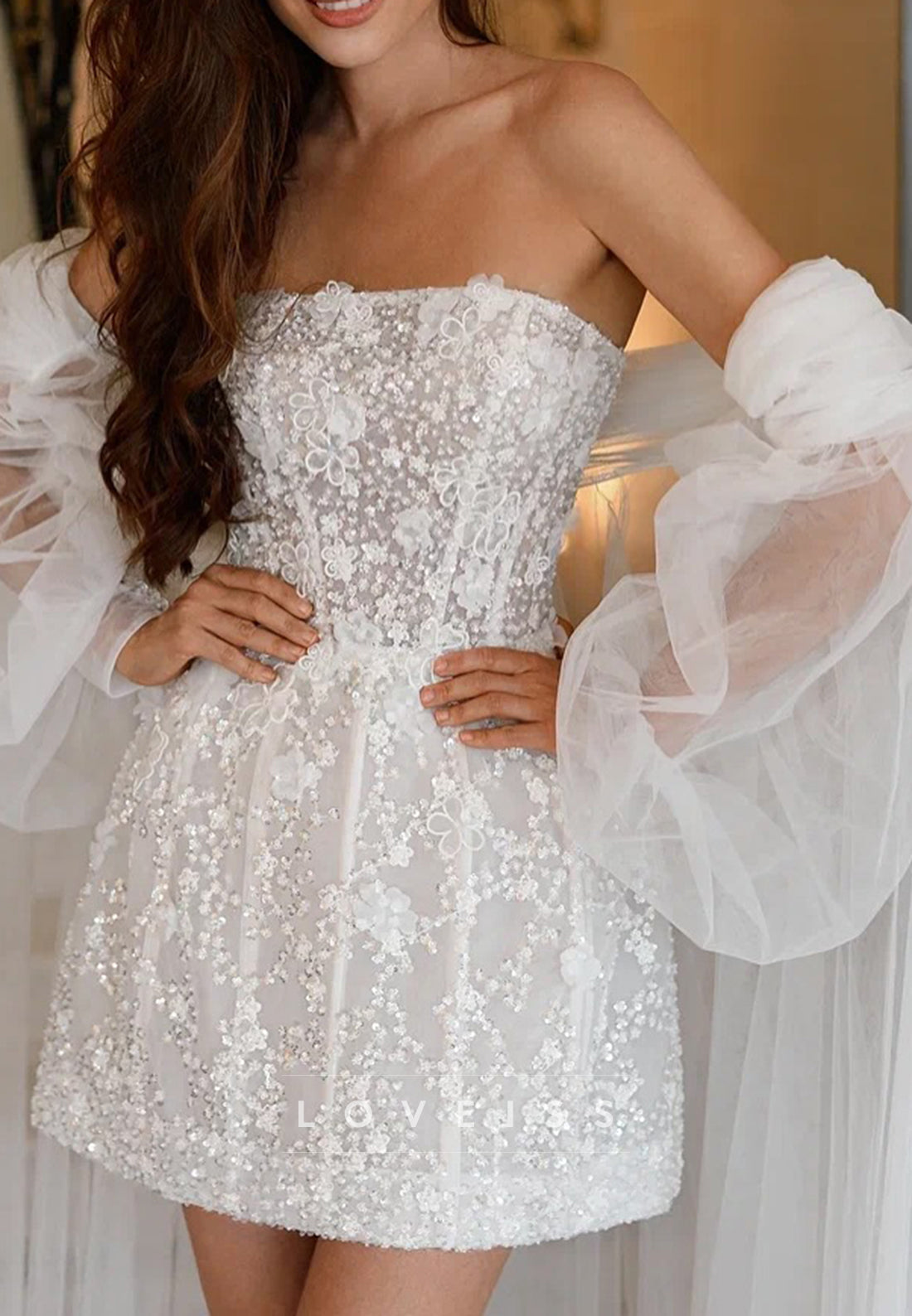 Straight Across Sleeveless Appliques Beaded A-Line Short Wedding Dress