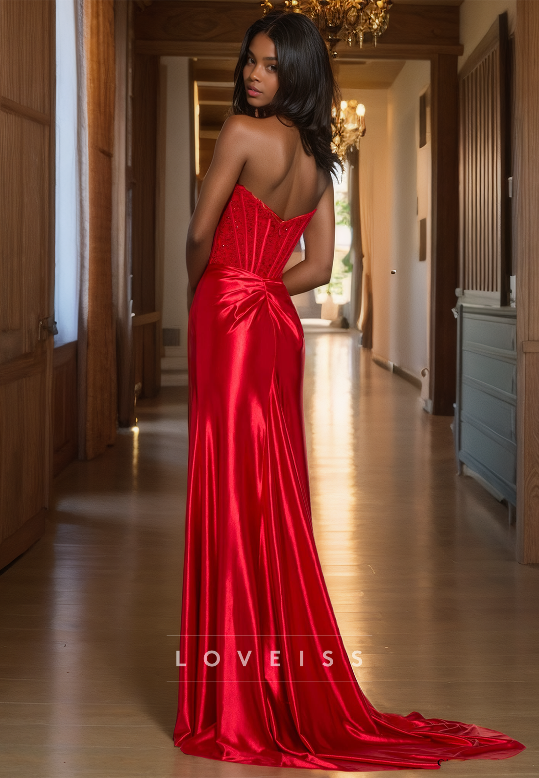 Straight Across Sleeveless Appliques Ruched Side Slit Sheath Prom Dress