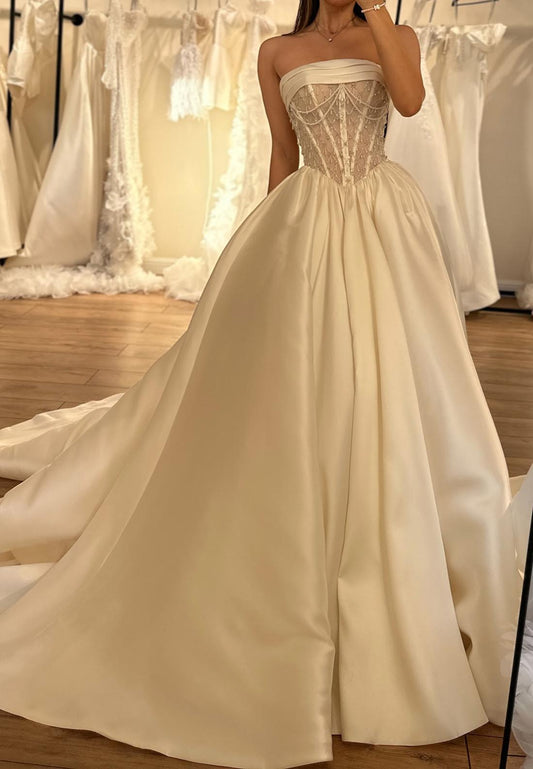 Straight Across Sleeveless Beaded A-Line Satin Wedding Dress