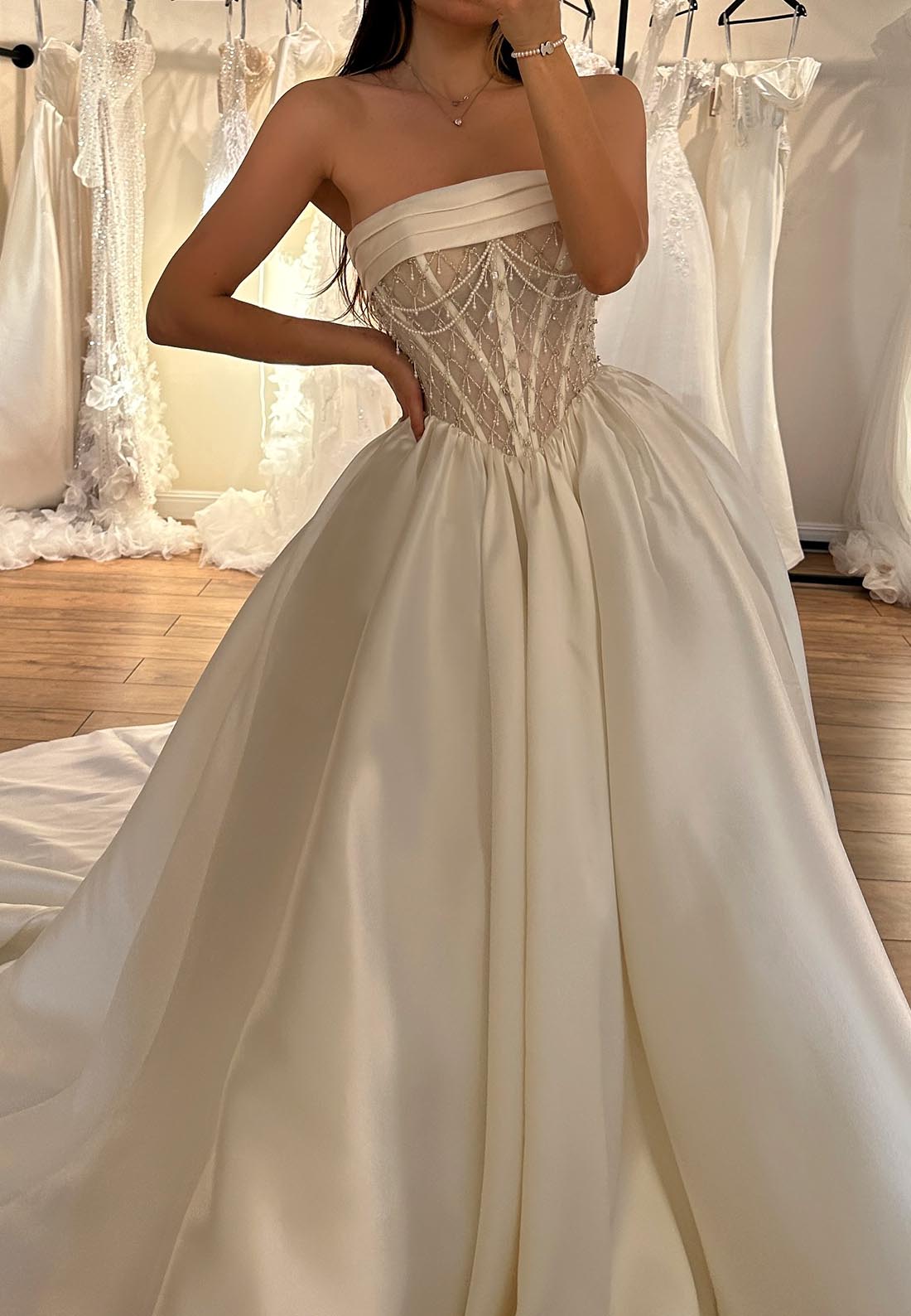 Straight Across Sleeveless Beaded A-Line Satin Wedding Dress