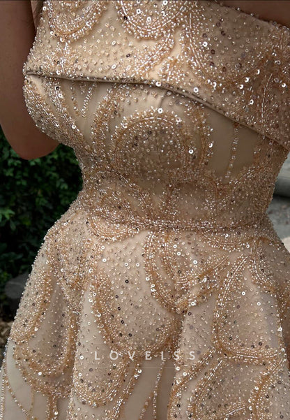 Straight Across Sleeveless Beaded Embroidery Sparkly A-Line Prom Dress