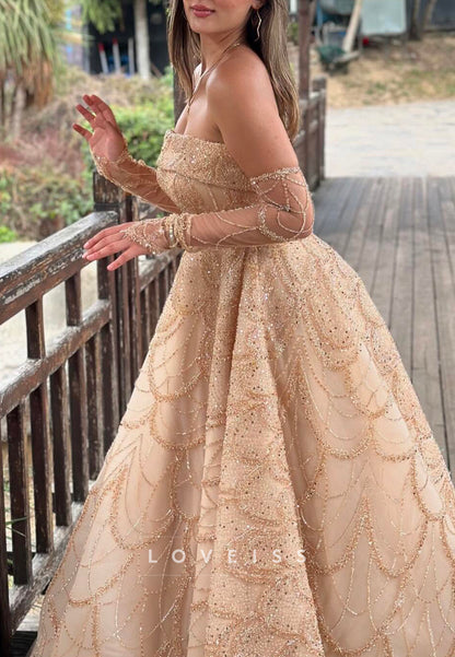 Straight Across Sleeveless Beaded Embroidery Sparkly A-Line Prom Dress