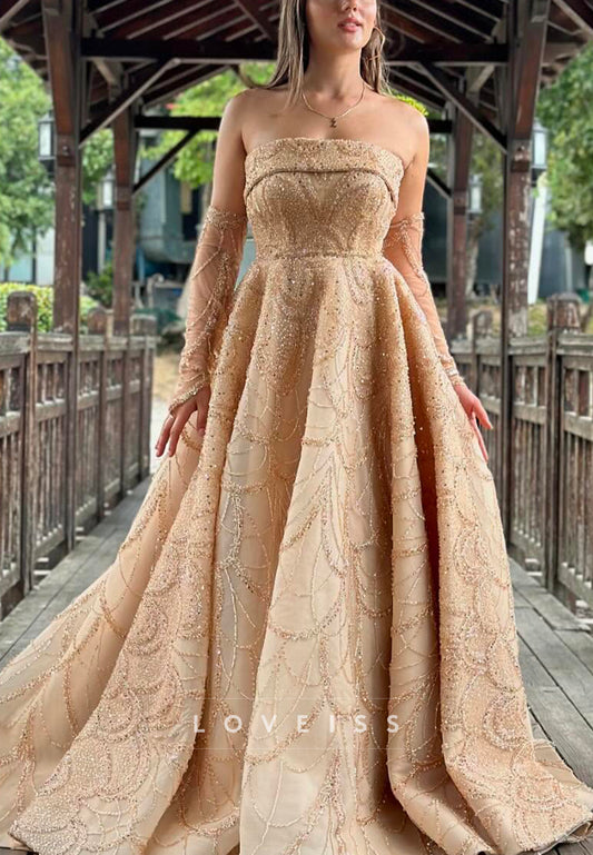 Straight Across Sleeveless Beaded Embroidery Sparkly A-Line Prom Dress